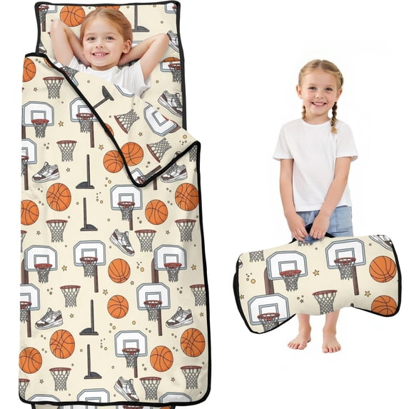Basketball and Sneaker Beige Pattern Teens Toddler Nap Mat with Pillow, Sleeping Mat Bag for Preschool Daycare 59"x22"