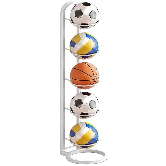 4-Tier Storage Rack, White Iron Vertical Ball Holder, 35.2 x 9.45 in Space-Saving Sports Ball Organizer, Stable Freestanding Display Shelf for Basketball, Football, Volleyball Organization