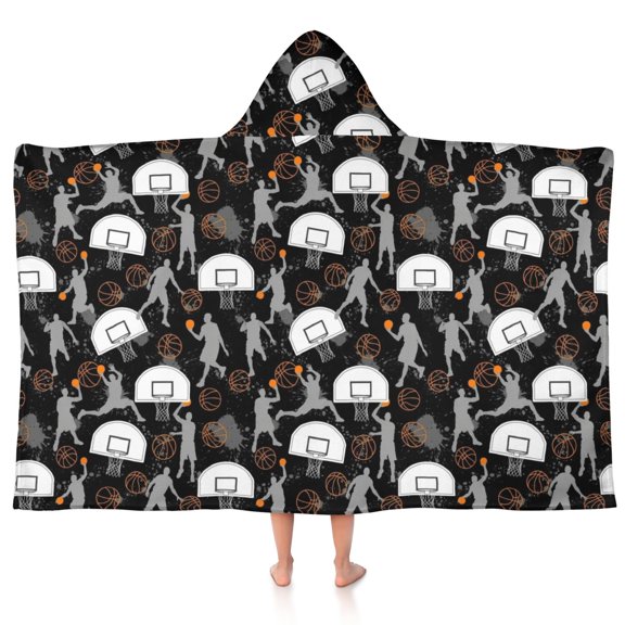 Basketball and Splash Black Pattern Hooded Bath Towel Wrap for Teens Ages 3 To 12, Soft Lightweight Quick Dry Microfiber Bath Beach Pool, 50"x30"