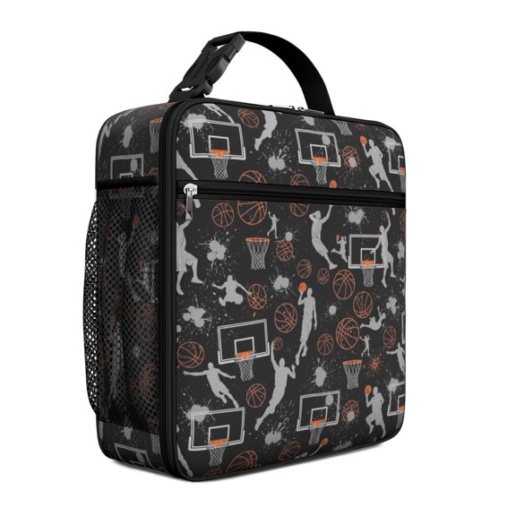 Basketball and Splash Black Pattern Insulated Lunch Bag Teens,Lunch Box for Men Women for Work,Picnic or Travel,10.2x9.5x4.3 Inches,8 Can Capacity