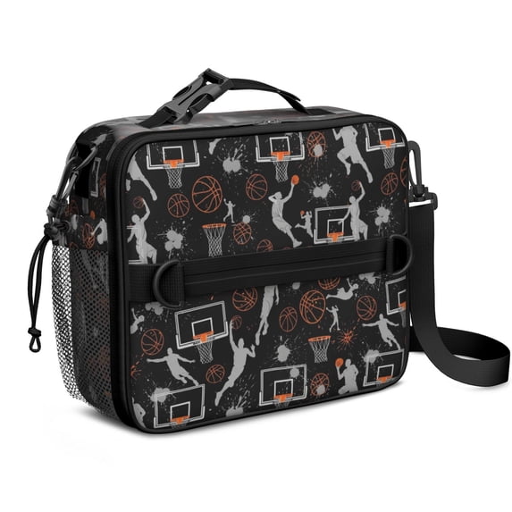 Basketball and Splash Black Pattern Insulated Lunch Bag with Shoulder Strap and Bottle Holder,Bento School Lunch Bag Box,11x9.5x3.5 Inches