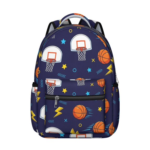 Basketball and Star Navy Pattern Backpack for School, Cute School Bag with Adjustable Shoulder Straps and Padded Back, 15.3"x11"x7.1"
