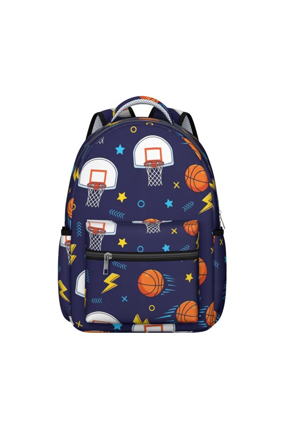 Basketball and Star Navy Pattern Backpack for School, Cute School Bag with Adjustable Shoulder Straps and Padded Back, 15.3"x11"x7.1"