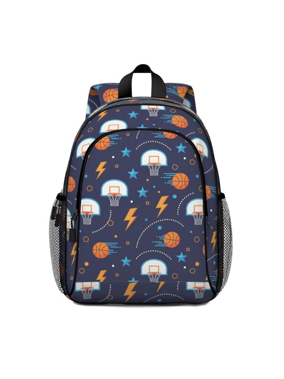Basketball and Star Navy Pattern Backpack for School, Cute School Bag with Adjustable Shoulder Straps and Padded Back, 15"x11.42"x5.5"