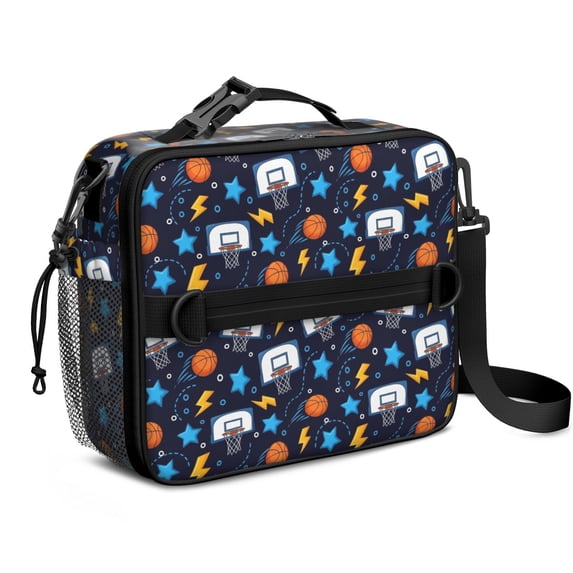 Basketball and Star Navy Pattern Bento School Insulated Lunch Bag Box with Shoulder Strap and Bottle Holder, 11" X 9.5" X 3.5"