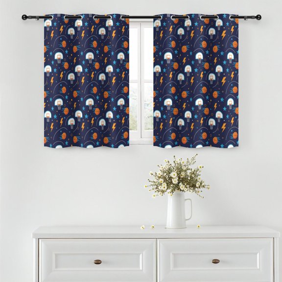 Basketball and Star Navy Pattern Blackout Curtains,Triple Weaved Fabric,Thermal Insulated,Room Darkening,Grommet Top,2 Panels,42x45in(107x114cm)