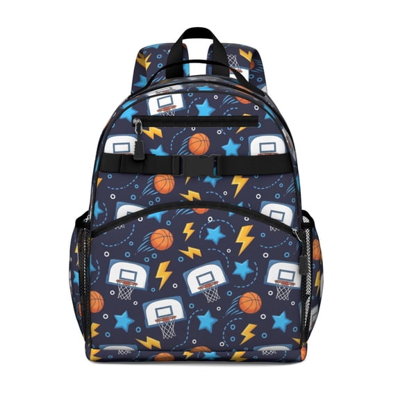 Basketball and Star Navy Pattern Cute School Backpack Bag for School with Padded Back and Adjustable Shoulder Straps 15.25"x11.5"x5.25"