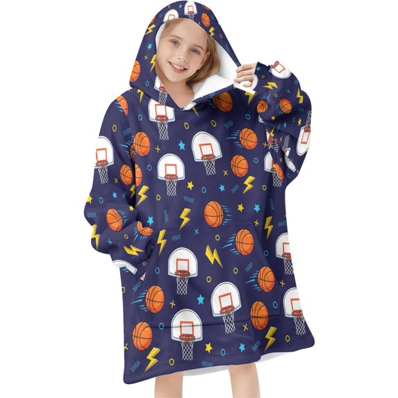 Basketball and Star Navy Pattern Flannel Blanket Hoodies for Teens ,Teens Oversize Sherpa Wearable Hooded Blanket Sweatshirt with Super Pockets