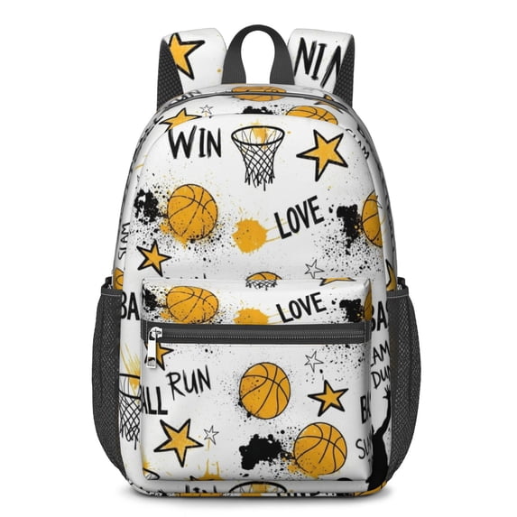 Basketball and Star White Pattern 17" School Backpacks for Teens,Waterproof Oxford Fabric,S-Shape Padded Straps for School,Travel,Hiking,Camping