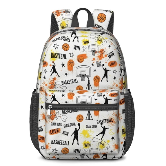Basketball and Star White Pattern 17" Waterproof Oxford School Backpacks for Teens, S-Shape Padded Straps, for School, Travel, Hiking, Camping