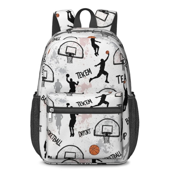 Basketball and Text White Pattern 17" School Backpacks for Teens,Waterproof Oxford Fabric,S-Shape Padded Straps for School,Travel,Hiking,Camping