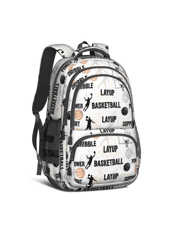 Basketball and Text White Pattern Cute School Backpack Bag with Padded Back and Adjustable Shoulder Straps 16.9 X 12.6 X 5.9 Inches