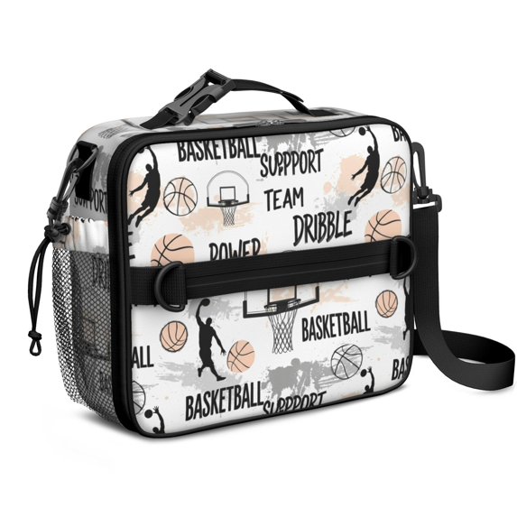 Basketball and Text White Pattern Insulated Lunch Bag with Shoulder Strap and Bottle Holder,Bento School Lunch Bag Box,11x9.5x3.5 Inches
