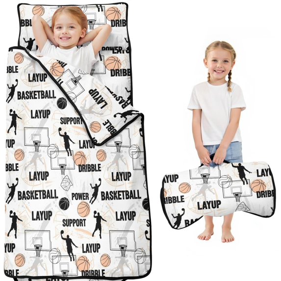 Basketball and Text White Pattern Teens Toddler Nap Mat with Pillow, Sleeping Mat Bag for Preschool Daycare 51"x22"