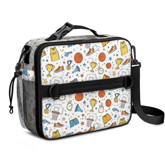 Basketball and Trophy White Pattern Insulated Lunch Bag with Shoulder Strap and Bottle Holder,Bento School Lunch Bag Box,11x9.5x3.5 Inches
