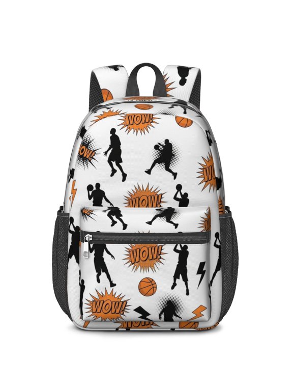 Basketball and Wow White Pattern 17" School Backpacks for Teens,Waterproof Oxford Fabric,S-Shape Padded Straps for School,Travel,Hiking,Camping