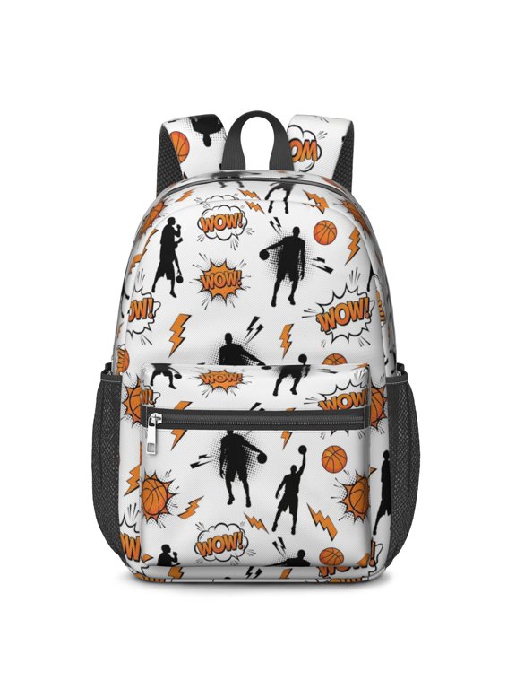 Basketball and Wow White Pattern 17" Waterproof Oxford School Backpacks for Teens, S-Shape Padded Straps, for School, Travel, Hiking, Camping