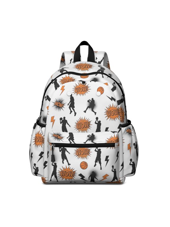 Basketball and Wow White Pattern Backpack for School, Cute School Bag with Adjustable Shoulder Straps and Padded Back, 13.4"x11"x4.7"