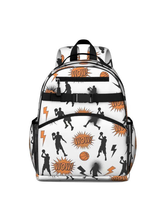 Basketball and Wow White Pattern Backpack for School, Cute School Bag with Adjustable Shoulder Straps and Padded Back, 15.25"x11.5"x5.25"