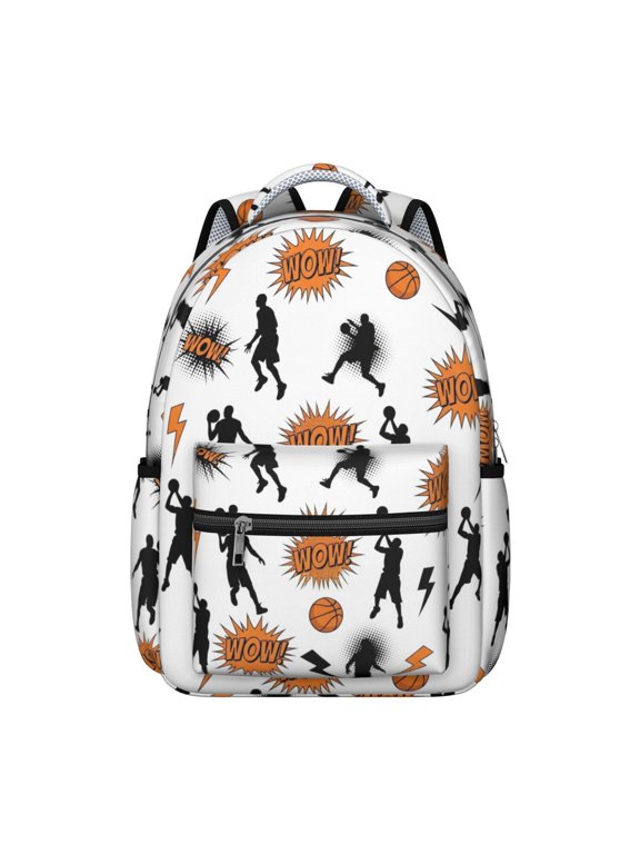 Basketball and Wow White Pattern Backpack for School, Cute School Bag with Adjustable Shoulder Straps and Padded Back, 15.3"x11"x7.1"