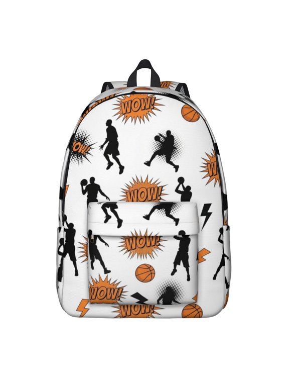 Basketball and Wow White Pattern Backpack for School, Cute School Bag with Adjustable Shoulder Straps and Padded Back, 15.7"x11.8"x5.5"