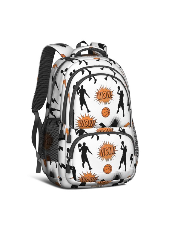 Basketball and Wow White Pattern Backpack for School, Cute School Bag with Adjustable Shoulder Straps and Padded Back, 16.9"x12.6"x5.9"