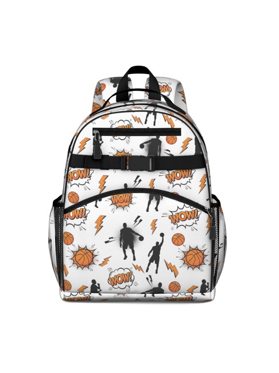 Basketball and Wow White Pattern Cute School Backpack Bag for School with Padded Back and Adjustable Shoulder Straps 15.25"x11.5"x5.25"