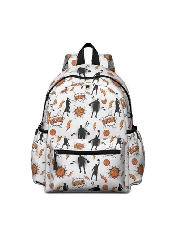 Basketball and Wow White Pattern Cute School Backpack with Padded Back and Adjustable Shoulder Straps 13.4"x11"x4.7"