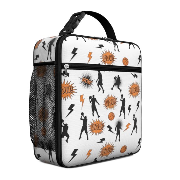 Basketball and Wow White Pattern Insulated Lunch Bag Teens,Lunch Box for Men Women for Work,Picnic or Travel,10.2x9.5x4.3 Inches,8 Can Capacity