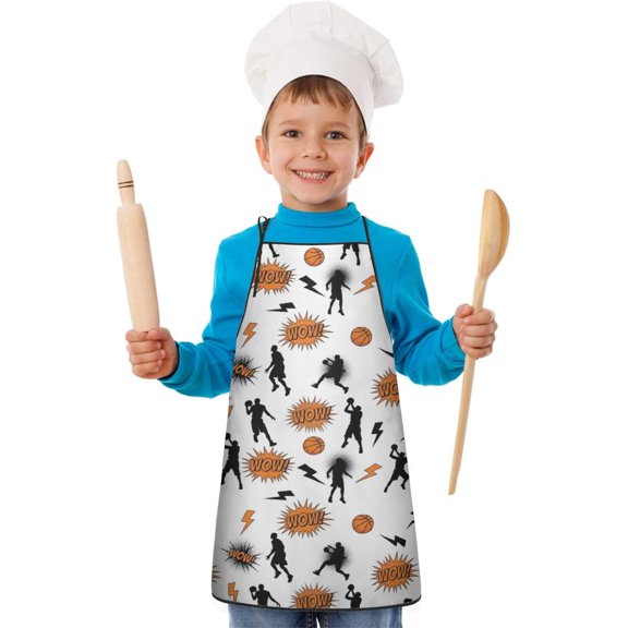 Basketball and Wow White Pattern Teens Aprons, Adjustable Neck Strap, Toddler & Teens Aprons for Cooking & Baking, 19x23.6 Inches