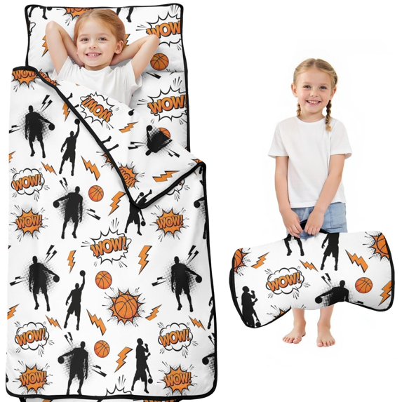 Basketball and Wow White Pattern Teens Toddler Nap Mat with Pillow, Sleeping Mat Bag for Preschool Daycare 50"x20"