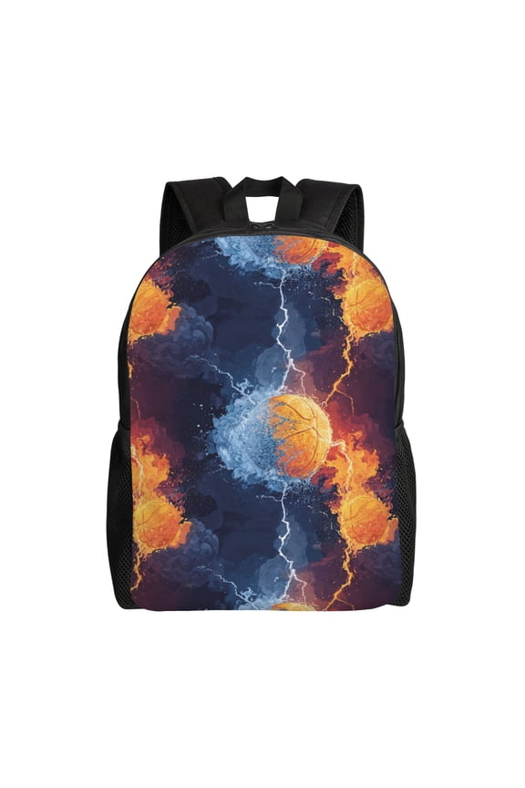 Basketball in flames Backpack with 15 Inch Laptop Compartment,Water-Resistant Daypack, Large Capacity Backpack with Adjustable Breathable Shoulder Straps for Daily Use Travel Gym