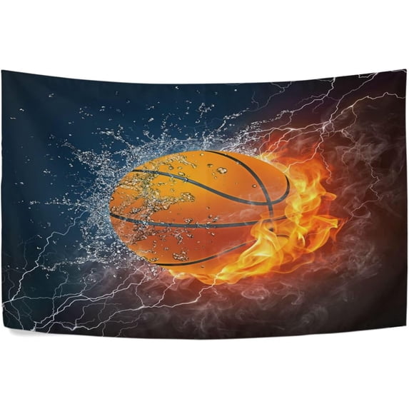Basketball in Fire and Water Tapestry Aesthetic Tapestry Wall Hanging 60" x 51" Inches Home Decor Gifts
