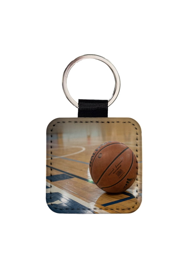Basketball on Court Faux Leather Square Keychain