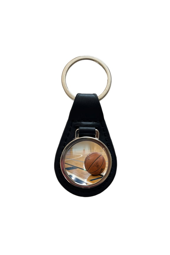 Basketball on Court Metal Black Leather Keychain