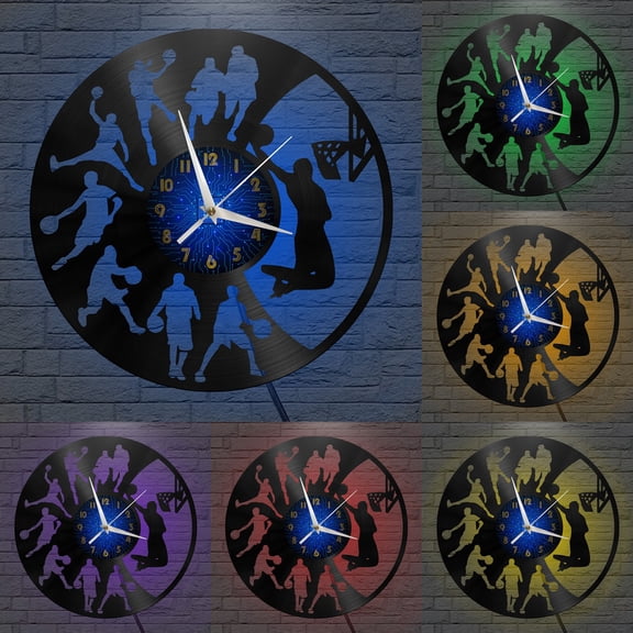 Basketball slam dunk Vinyl Record Wall Clock for Kitchen Wall Decor Wall Art Gift for Lover Gift Idea for a Best Friend(B,with LED)