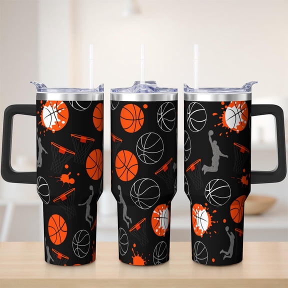 Basketball tumbler 40 oz tumbler with handle and straw 304 stainless steel travel cup coffee mug water bottle suitable as a gifts for women mom gifts gift for basketball lovers