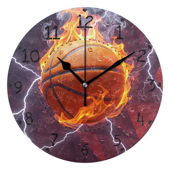 Basketball with Flame Lightning Round Wall Clock Silent Analog Battery Operated Black Pointer Home Decor 9.84" Diameter