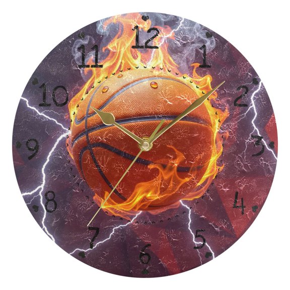 Basketball with Flame Lightning Round Wall Clock Silent Analog Battery Operated Gold Pointer Home Decor 9.84" Diameter