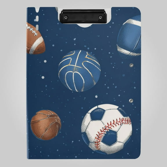 Basketballs Footballs Rugby Baseballs Sports Foldable Binder Folder Clipboard with Pen Slot Double Clips A4 Size File Storage