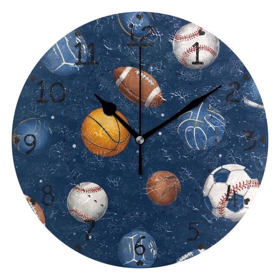Basketballs Footballs Rugby Baseballs Sports Round Wall Clock Silent Analog Battery Operated Black Pointer Home Decor 9.84" Diameter