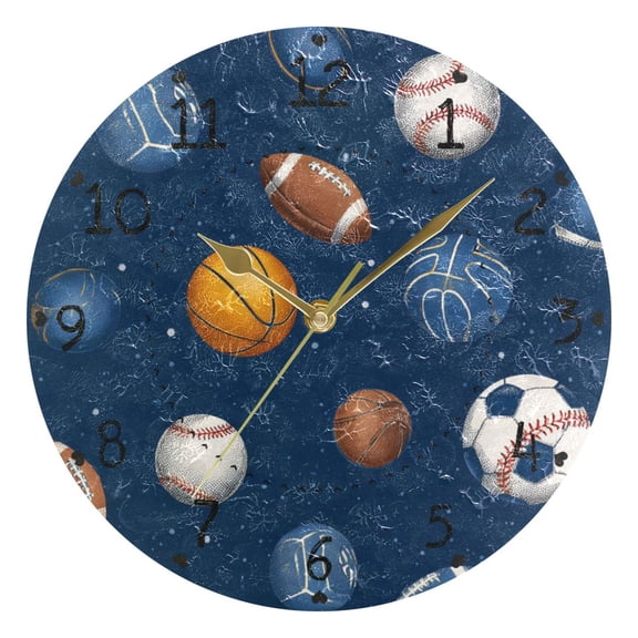 Basketballs Footballs Rugby Baseballs Sports Round Wall Clock Silent Analog Battery Operated Gold Pointer Home Decor 9.84" Diameter