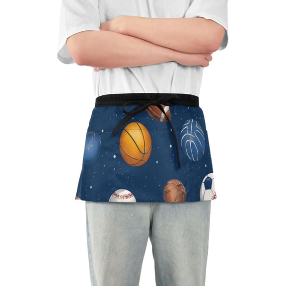 Basketballs Footballs Rugby Baseballs Sports Short Server Apron with 3 Pockets for Unisex Chef Gardening