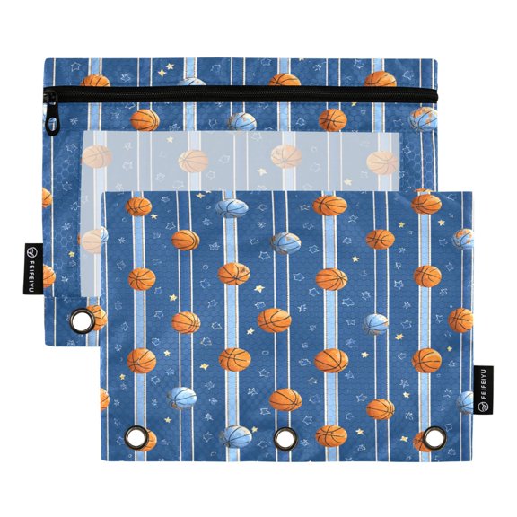Basketballs Stars Stripes Binder Pouches Zipper Pocket Document Storage 3 Rings 2 Packs A5 Size