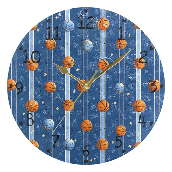 Basketballs Stars Stripes Round Wall Clock Silent Analog Battery Operated Gold Pointer Home Decor 9.84" Diameter