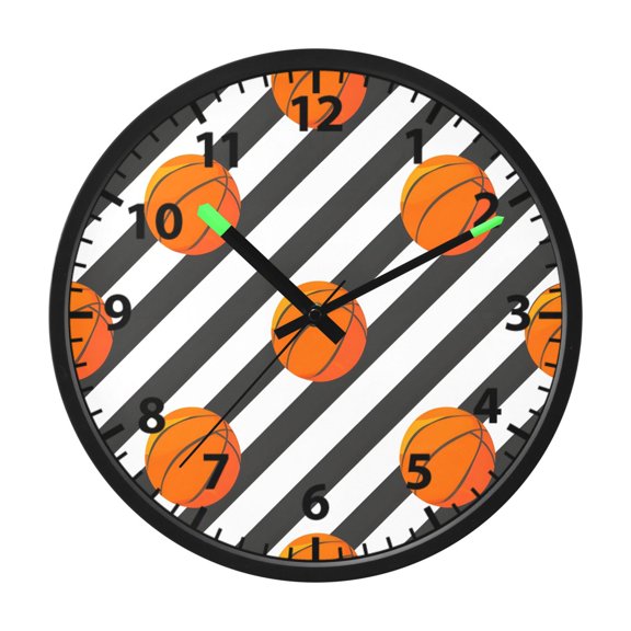 Basketballs Stripes Pattern Wall Clock 12 Inch Voice Activated Night Light Silent Non Ticking