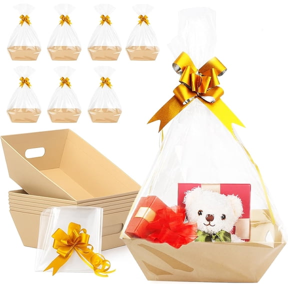 Baskets for Gifts Empty, Kraft Empty Gift Basket to Fill with Cellophane Bags & Pull Bows, Gift Baskets Bulk with Cellophane Wrap Set for Valentines Day, Christmas, Easter
