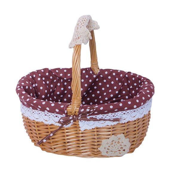 Baskets With Handles, Handcrafted Willow Multifunctional Storage Basket With Lace & Coffee-White Polka Dot Linen - Removable Washable Liner, Sturdy Handles, 25X20X26Cm - Family