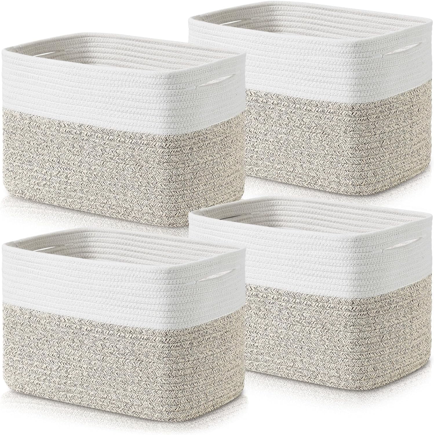 Baskets for Organizing - Cotton Rope Baskets for Shelves, 12” Decorative Woven Baskets for Storage, Organizer Bins for Living Room, Laundry, Bedroom, 4 Pack, White/Brown