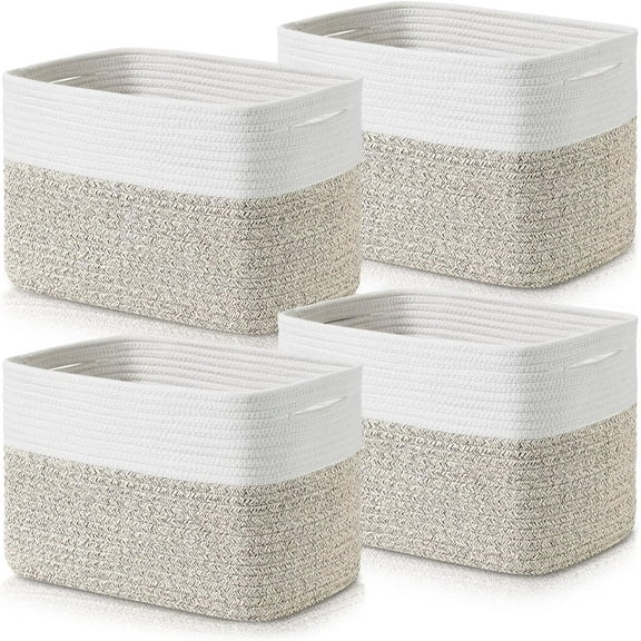 Baskets for Organizing - Cotton Rope Baskets for Shelves, 12” Decorative Woven Baskets for Storage, Organizer Bins for Living Room, Laundry, Bedroom, 4 Pack, White/Brown
